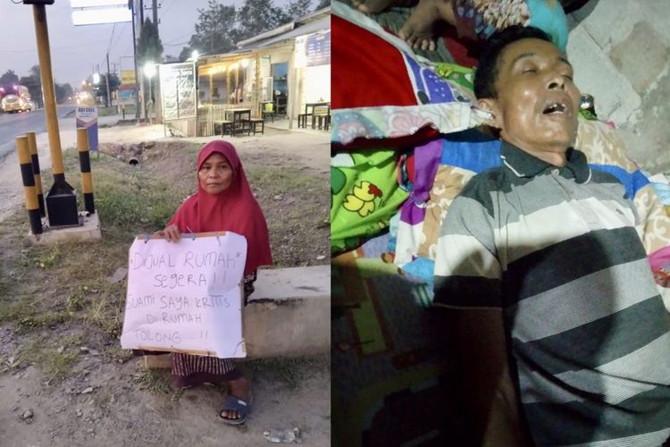 Ibu Hasimah yang duduk di tepi jalan menjual rumahnya untuk membiayai pengobatan suaminya.