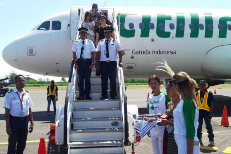 Pesawat Airbus A320 Citilink dengan nomor penerbangan QG 7300 yang dipiloti Captain Irvan Riswanto mendarat mulus di Bandara Presidente Nicolau Lobato, Dili, Timor Leste, Jumat (12/5/2017).