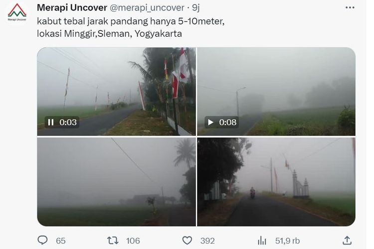 Kabut menyelimuti wilayah Sleman, Yogyakarta. Ini penjelasan BMKG.