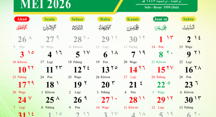 Kalender Jawa Mei 2026 Lengkap dengan Weton, Pasaran, dan Neptu