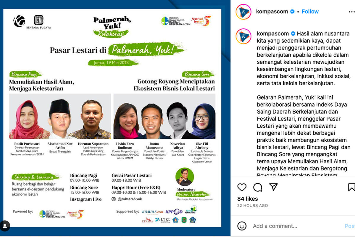 Kompas.com menggelar Pasar Lestari, Jumat (19/5/20230 pukul 09.00-18.00 WIB di Bentara Budaya Jakarta. Dalam acara ini juga dihelat diskusi interaktif dengan tujuh pembicara profesional di bidangnya.