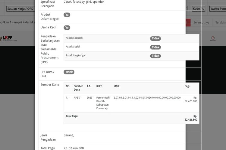 Screnshot laman Sirup Sistem Informasi Rencana Umum Pengadaan Lembaga Kebijakan Pengadaan Barang dan Jasa (Sirup LKPP). Dalam situs itu dinyatakan, OPD Dinas Perindustrian Transmigrasi dan Tenaga Kerja (Distrannaker) Kabupaten Purworejo menganggarkan Rp 52.426.800 dari anggaran pendapatan dan belanja daerah (APBD) Purworejo tahun anggaran 2023.