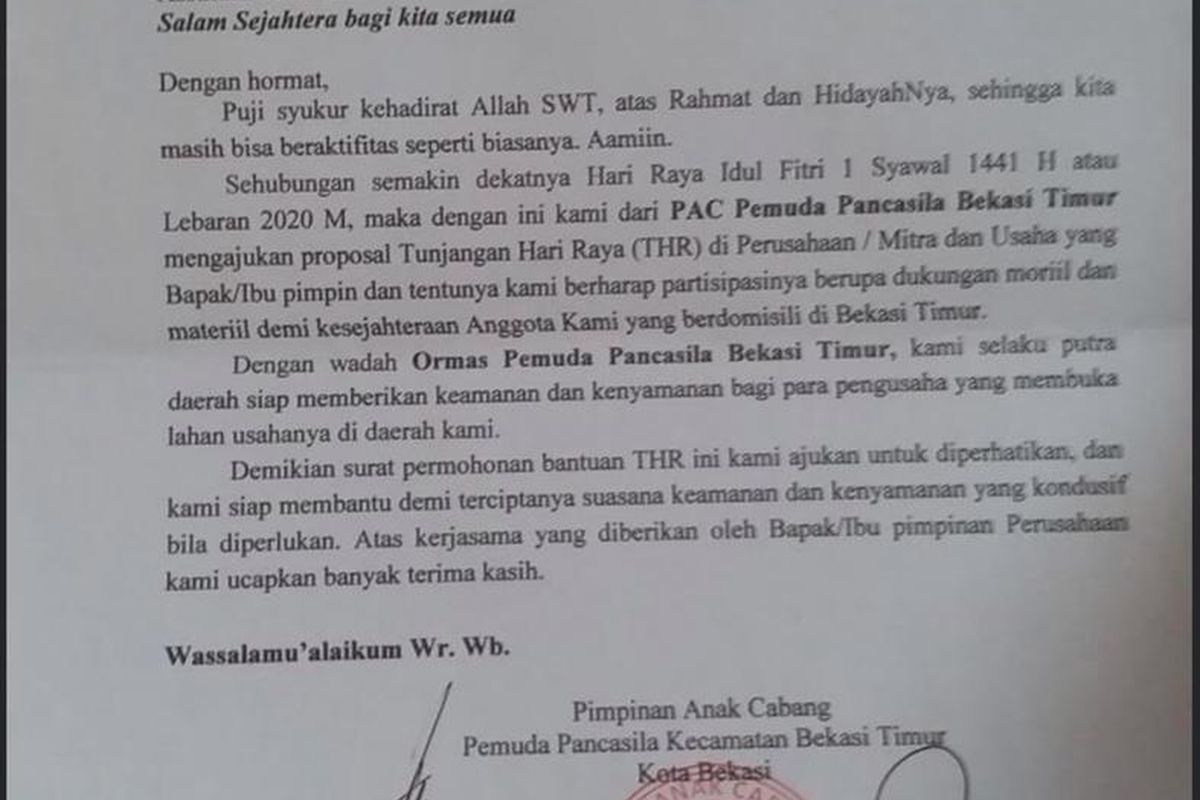 Surat permintaan THR yang beredar di Bekasi, Selasa (12/5/2020).