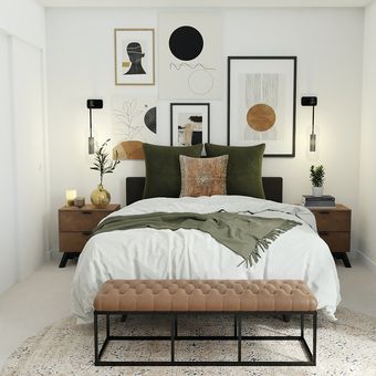 Ilustrasi ide penempatan kursi ottoman di kamar tidur, yakni di kaki tempat tidur. 