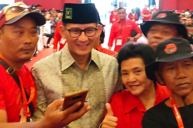 Ketua Bappilu PPP Sandiaga Uno menghadiri Rakernas IV PDI-P di JIExpo Kemayoran, Jakarta, Jumat (29/9/2023).