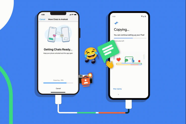 Proses transfer chat dari iPhone ke ponsel Pixel berbasis Android 12.