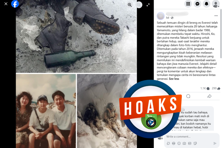 Tangkapan layar konten hoaks di sebuah akun Facebook, Sabtu (6/9/2025), mengenai keluarga Yamamoto yang terjebak di Gunung Everest pada 1988.