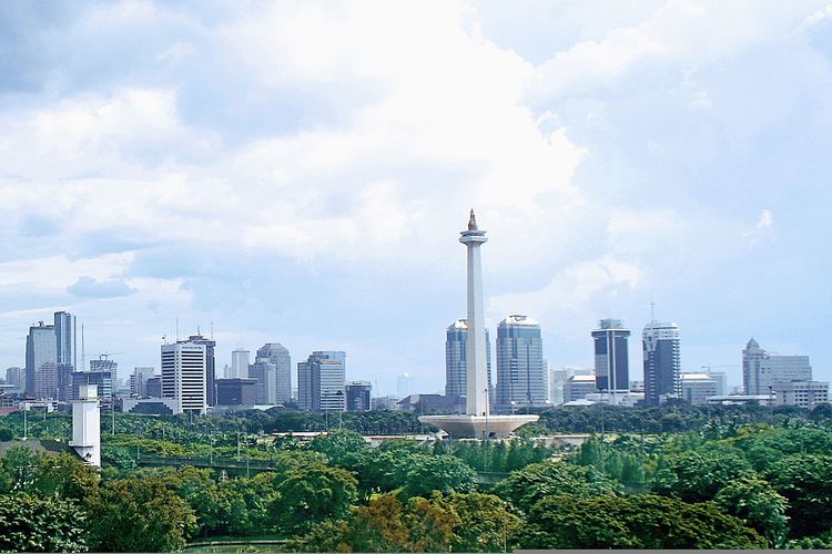 Ilustrasi Monumen Nasional (Monas) dengan gedung-gedung bertingkat di Jakarta.