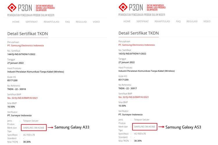 Tangkapan layar sertifikasi TKDN yang diyakini milik ponsel Galaxy A33 (kiri) dan Galaxy A53 (kanan). Mengindikasikan bahwa dua ponsel ini segera masuk ke Indonesia.