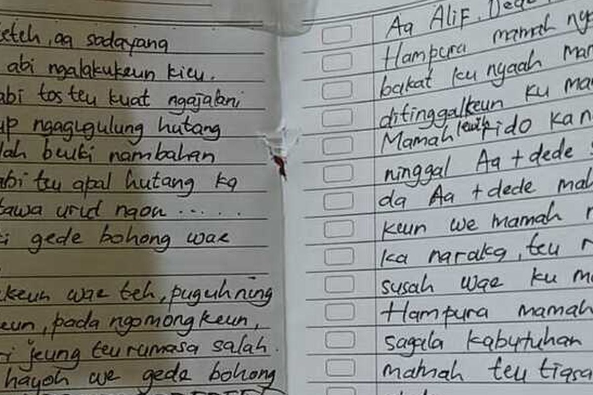 Secarik surat yang ditemukan di rumah kontrakan tempat ketiga jenazah ditemukan tan bernyawa di Kecamatan Banjaran, Kabupaten Bandung, Jawa Barat, Jumat (5/9/2025)