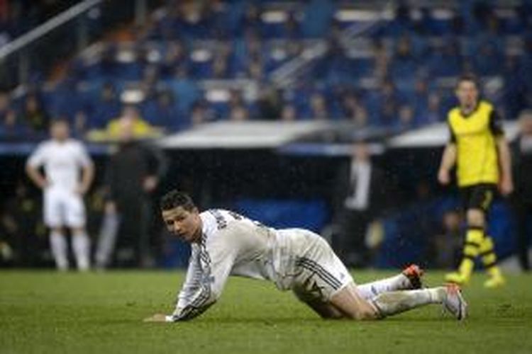 Gelandang Real Madrid, Cristiano Ronaldo, pada pertandingan leg pertama perempat final Liga Champions, melawan Borussia Dortmund, di Santiago Bernabeu, Rabu (2/4/2014).
