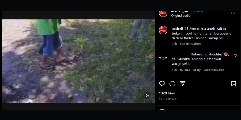 Seorang warganet  membagikan video ketika tanah di Kabupaten Lumajang, Jawa Timur terlihat bergoyang ketika diinjak oleh salah satu warga.
