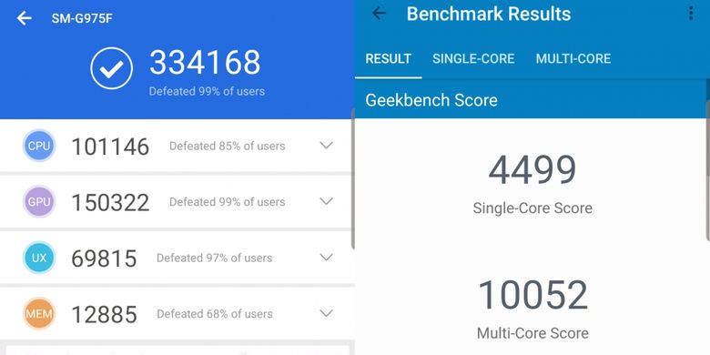 Skor benchmark AnTuTu dari Galaxy S10 (kiri) dan skor benchmark Geekbench