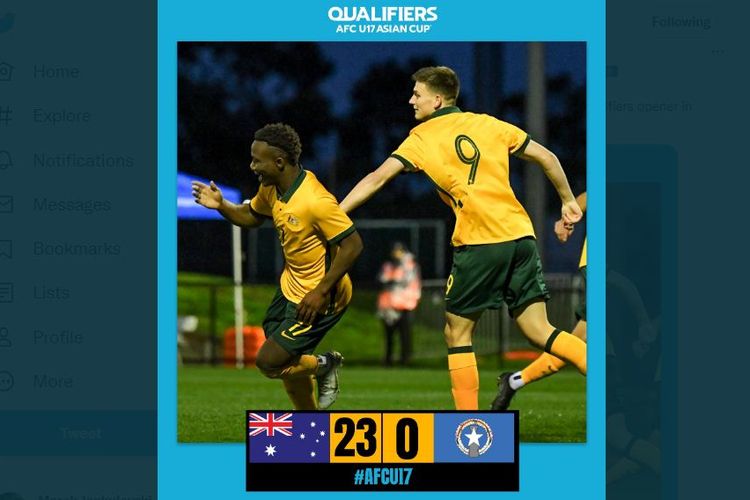 Tangkapan layar hasil laga Kualifikasi Piala Asia U17 2023. Pada pertandingan pertama Grup G, Australia berhasil mengalahkan Kepulauan Mariana Utara dengan skor 23-0 di Stadion Shepparton Sports City, Shepparton, Rabu (5/10/2022) WIB (Sumber foto: Tangkapan layar Twitter @afcasiancup)