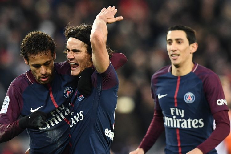 Neymar, Edinson Cavani, dan Angel Di Maria menjadi pencetak gol kemenangan PSG atas Montpellier pada pertandingan Ligue 1 di Parc des Princes, Sabtu (27/1/2018).