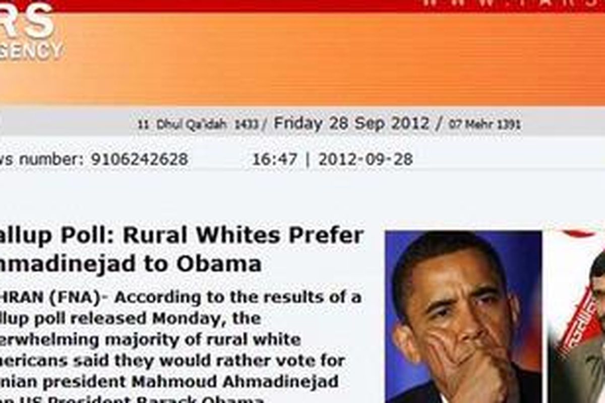 Inilah laman kantor berita Iran FARS dengan berita soal warga AS lebih suka Mahmoud Ahmadinejad ketimbang Barack Obama.