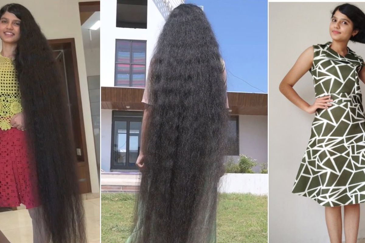 Foto kolase Nilanshi Patel (18), gadis remaja asal India yang memiliki rambut terpanjang di dunia kategori remaja versi Guinness World Record 