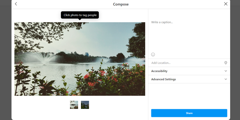 Cara unggah foto dan video ke feed Instagram via PC, di mana pengguna juga bisa menulis takarir (Caption), menambahkan tanda (tag), dan menon-aktifkan komentar.