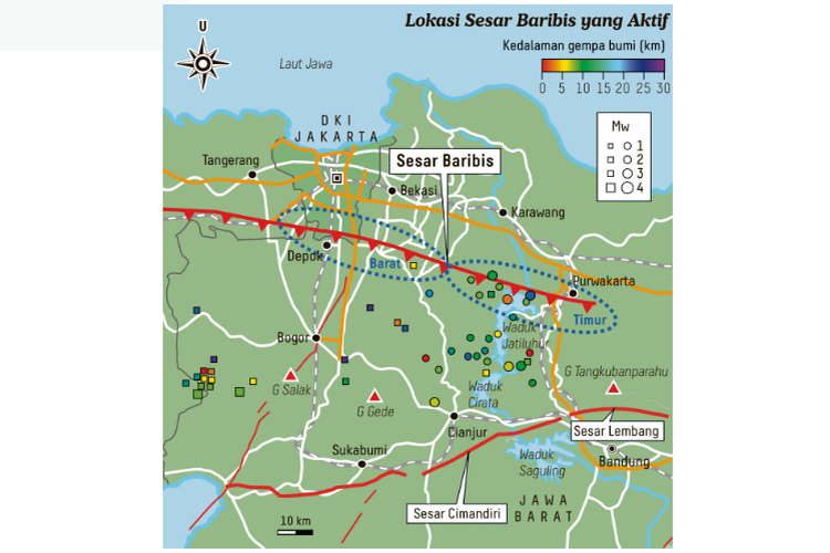 Peta lokasi Sesar Baribis yang aktif di selatan Jakarta.