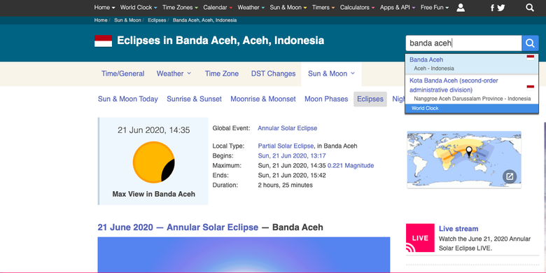 Tangkapan layar web timeanddate.com untuk cara cek waktu dan lokasi gerhana matahari