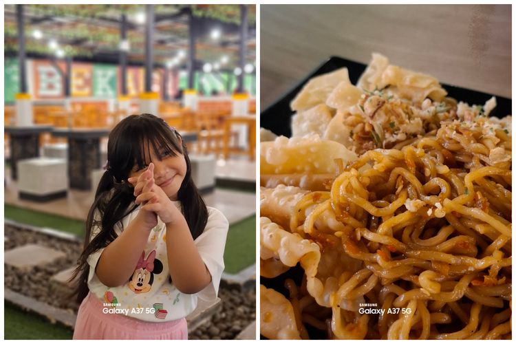 Hasil foto mode portrait Galaxy A37 5G (kiri) dan kamera macro (kanan) di malam hari.