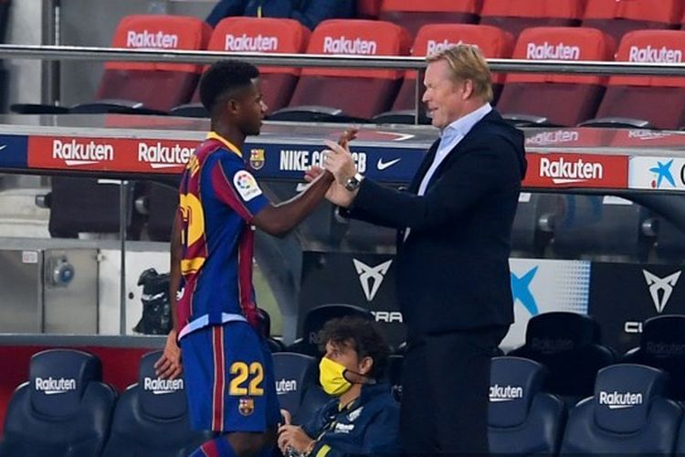 Ansu Fati (Kiri) dan Ronald Koeman (kanan) dalam laga Barcelona vs Villarreal, Senin (28/9/2020) dini hari WIB.