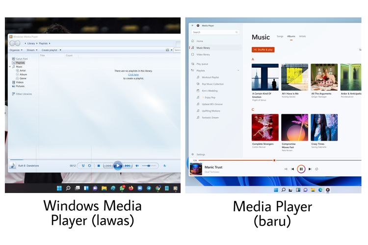 Perbandingan tampilan antarmuka aplikasi pemutar musik Windows Media Player yang lama (kiri) dengan aplikasi pemutar musik baru Media Player (kanan).