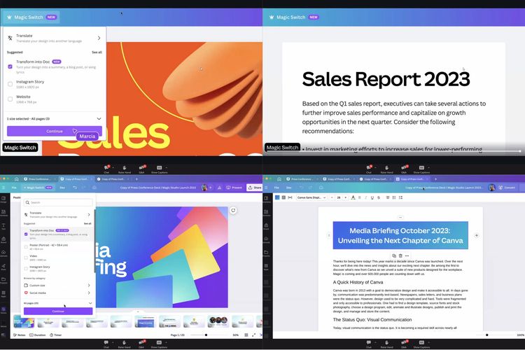 Magic Swtich memungkinkan pengguna mengubah format, bahasa, dan ukuran desain dalam sekejap. Dengan Magic Switch, pengguna dapat mengubah dek presentasi menjadi format dokumen.