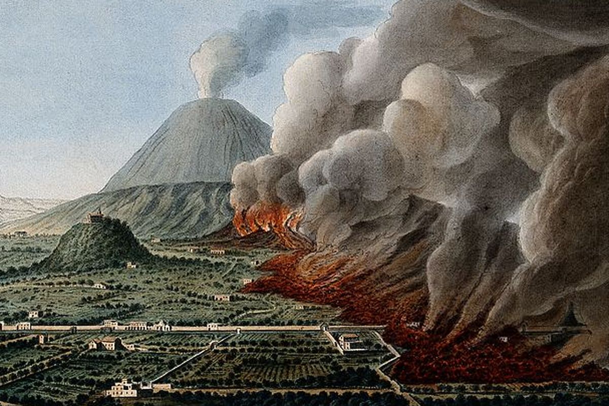 Ilustrasi letusan dahsyat Gunung Vesuvius digambar oleh Pietro Fabris di tahun 1760.
