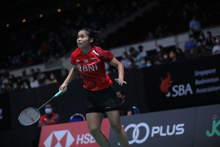 Tunggal putri Indonesia Gregoria Mariska Tunjung saat beraksi pada Singapore Open yang berlangsung pada 12-17 Juli 2022.