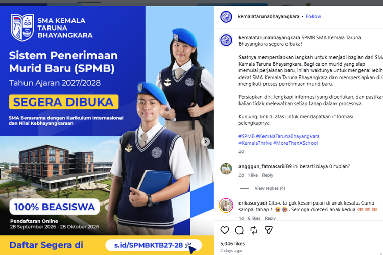 Pendaftaran SMA Kemala Taruna Bhayangkara 2027, Sekolah Gratis dan Berasrama