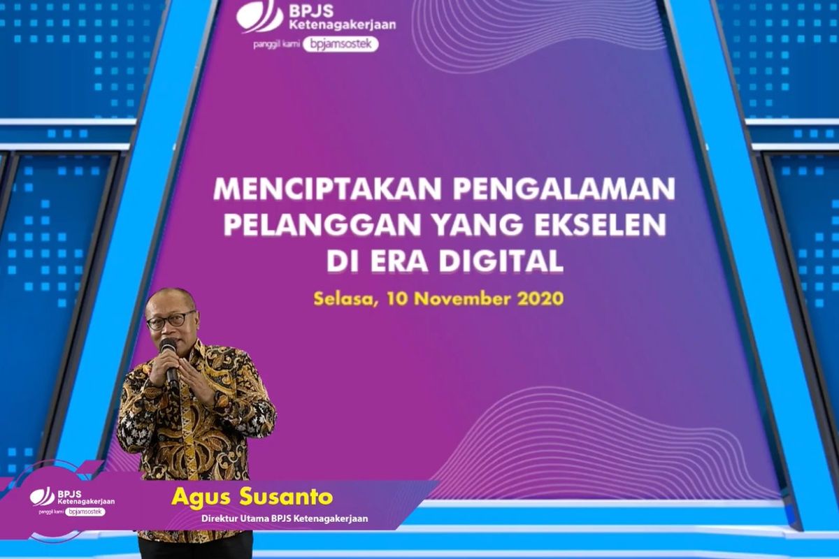 Direktur Utama BPJamsostek Agus Susanto memberikan sambutan dalam webinar virtual, Selasa (10/11/2020).