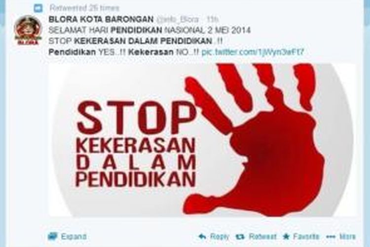 Memperingati Hari Pendidikan Nasional (Hardiknas), muncul gerakan anti kekerasan dalam pendidikan yang diserukan pengguna Twitter di Indonesia, Jumat (2/5/2014).