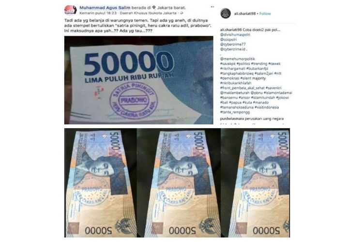 Foto-foto uang berstempel Prabowo beredar di media sosial
