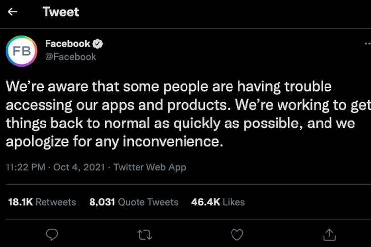 Facebook memberikan keterangan terkait down yang terjadi melalui akun twiternya.
