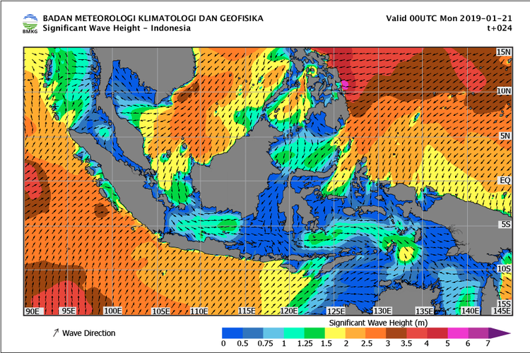 Gambaran perkiraan gelombang tinggi di beberapa wilayah Indonesia pada Senin (21/1/2019).