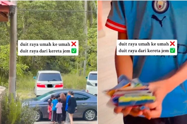 Tangkapan layar dari video TikTok @adindatudungsarung yang memperlihatkan bocah-bocah di Malaysia mendapatkan uang dari pengedara mobil yang melintas dengan mengucapkan Selamat Hari Raya, Rabu (17/4/2024).