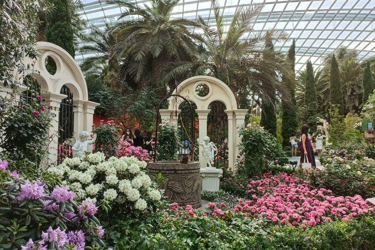 Suasana Rose Romance di Flower Dome, Gardens by the Bay Singapura.