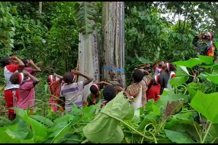 Masyarakat Kampung Syou Distrik Warmare Manokwari,Papua Barat, merayakan HUT ke-76 RI di hutan belantara. Salah satu warga memanjat pohon pisang raksasa setinggi 25 meter dan mengibarkan bendera di sana.