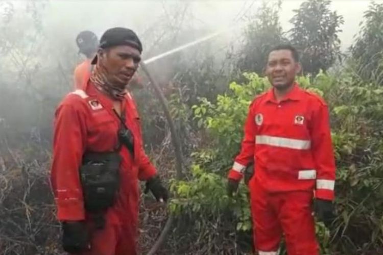 Tim Manggala Agni Daops Rengat saat melakukan pemadaman karhutla di Desa Penarikan, Kecamatan Langgam, Kabupaten Pelalawan, Riau, Selasa (30/7/2019). Dok. Manggala Agni Daops Rengat