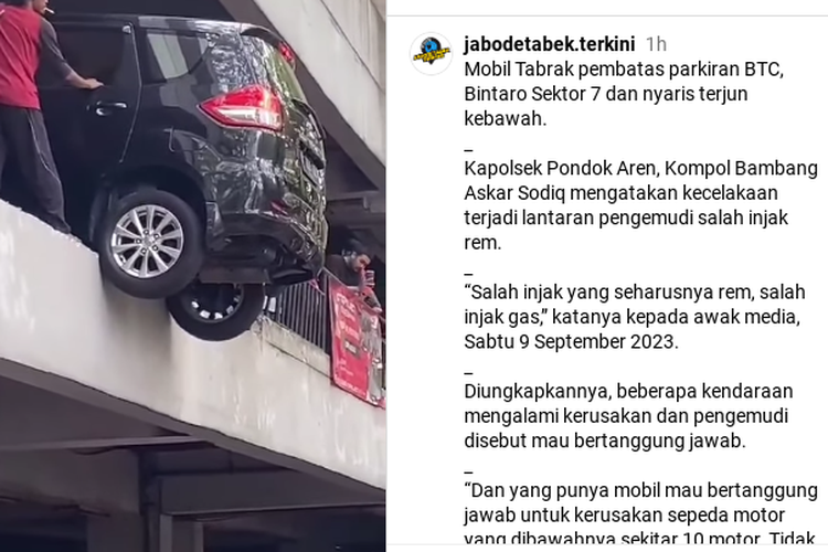 Mobil nyaris terjun di parkiran BTC, Bintaro sektor 7 diduga akibat salah injak pedal.