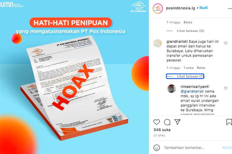Tangkapan layar penipuan rekrutmen yang mengatasnamakan PT Pos Indonesia