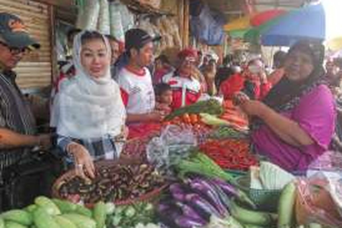 Kader Partai Demokrat, Hasnaeni Moein berkunjung ke Pasar Kebayoran Lama, Jakarta Selatan pada Minggu (19/3/2016). 