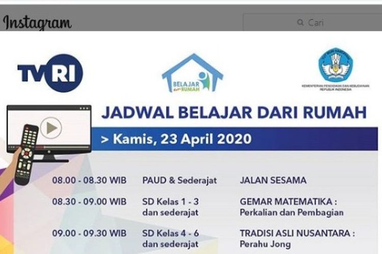 Tangkapan layar jadwal Belajar dari Rumah di TVRI Kamis 23 April 2020.