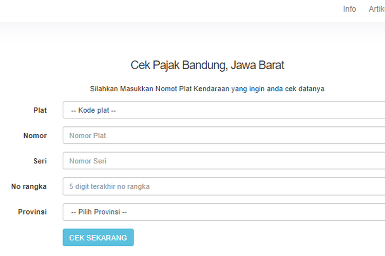 Tangkapan layar halaman utama situs e-samsat untuk cek pajak kendaraan di Kota Bandung.