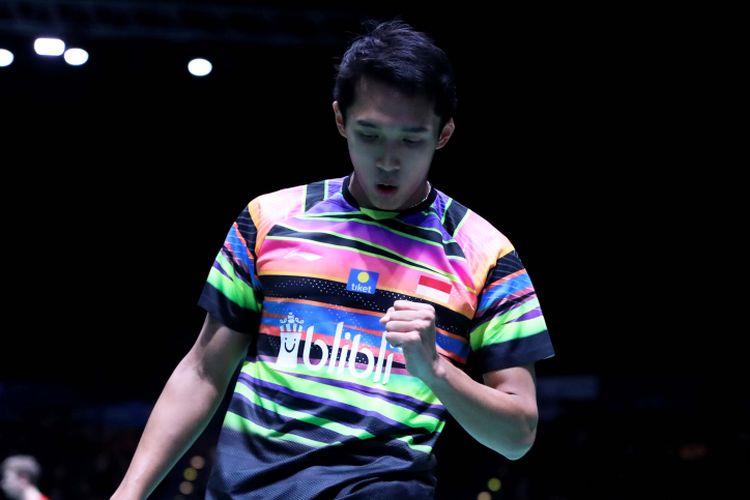 Pebulu tangkis tunggal putra Indonesia, Jonatan Christie, saat bertanding pada babak pertama All England Open 2019, di Arena Birmingham, Inggris, Kamis (7/3/2019).