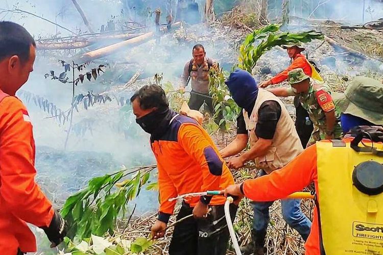 Tim gabungan saat memadamkan api karhutla di Desa Tanjung Medan, Kecamatan Rokan IV Koto, Kabupaten Rokan Hulu, Riau, Senin (8/8/2022).