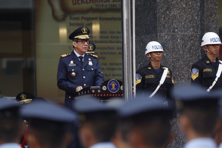 Menteri Hukum dan Hak Asasi Manusia Yasonna Laoly pada peringatan Hari Bhakti Imigrasi ke-69 di Kemenkumham, Jakarta, Senin (28/1/2019).