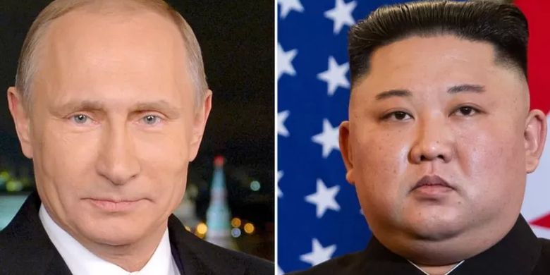 Presiden Rusia Vladimir Putin (kiri) dan Presiden Korea Utara Kim Jong Un (kanan). Korea Utara pada Selasa (4/10/2022) menyuarakan dukungan untuk pencaplokan Rusia atas wilayah Ukraina yang diduduki pasukannya. Korea Utara juga menuduh AS dan sekutunya bertindak seperti gangster dengan memimpin gerakan di PBB terhadap perilaku Moskwa.
