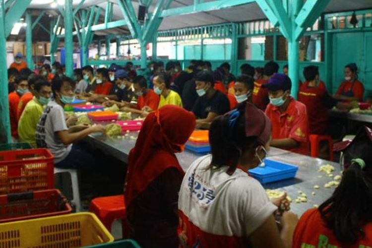 Proses pembuatan bakpia yang dikerjakan dengan proses sederhana di pabrik Bakpia 25, Yogyakarta.
